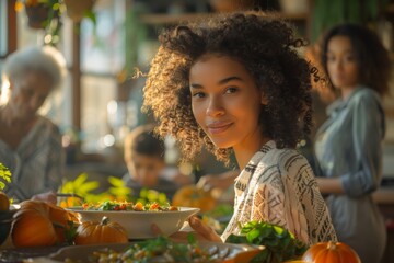 Woman smiling at a festive family dinner.