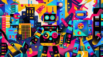 Robots battling it out in a cityscape inspired by Memphis design  AI generated illustration