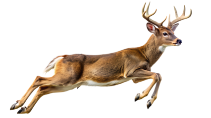 Photograph a deer leaping on mid-air isolated on a translucent background