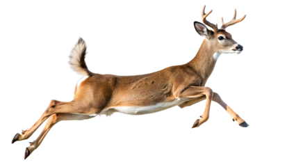 Photograph a deer leaping on mid-air isolated on a translucent background
