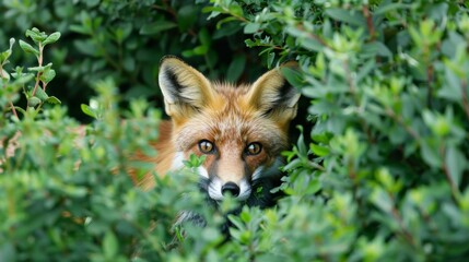 Fototapeta premium Sneaky fox peeking out from behind a bush AI generated illustration