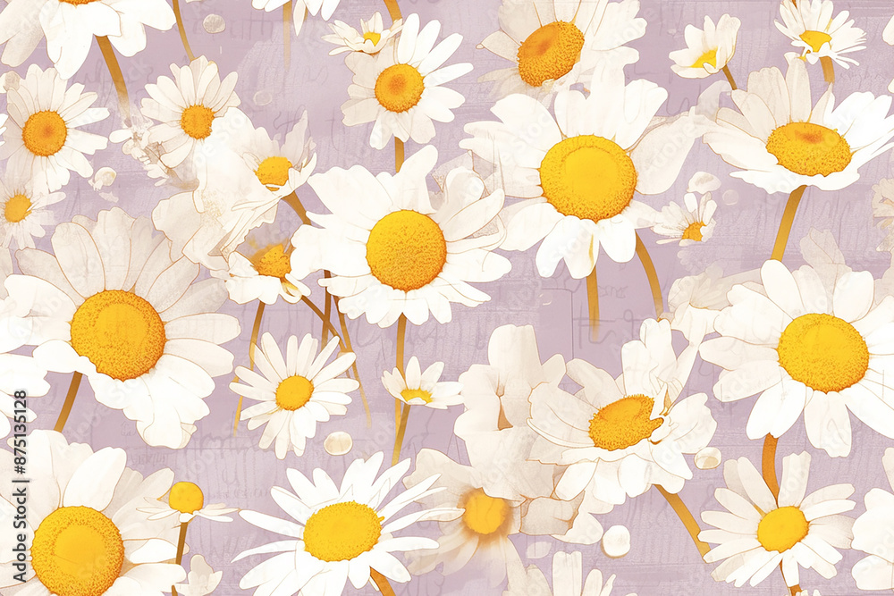 Poster a seamless pattern of white daisies with yellow centers on a light purple background, creating a che