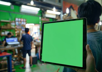 Obraz premium Hands Holding Tablet with Green Screen in a Busy Setting