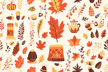 Seamless pattern of autumn elements like leaves, acorns, and pumpkins in warm colors. Perfect for seasonal backgrounds and textiles.