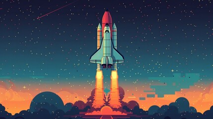 Naklejka premium Space shuttle taking off into a pixelated galaxy AI generated illustration