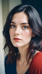 Fototapeta premium A cute young Caucasian woman with blue eyes smiling at the camera