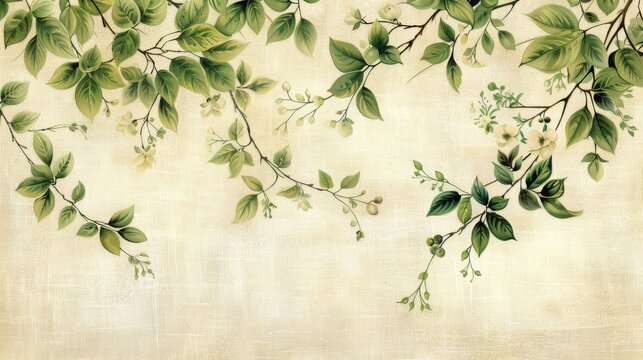 
A subtle Turkish linen background in soft beige, printed with delicate olive green vines and tiny blooms. 