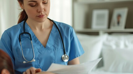 A female nurse in blue scrubs reviews patient documents beside a hospital bed, demonstrating care and professionalism.