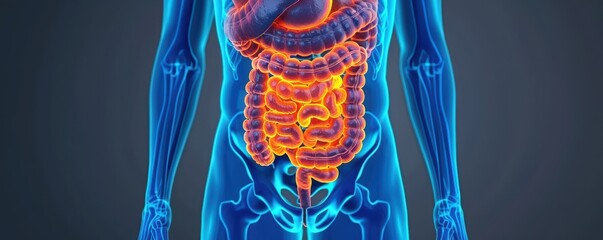 3D rendering of human digestive system showing large and small intestines highlighted in orange, demonstrating gastrointestinal anatomy.
