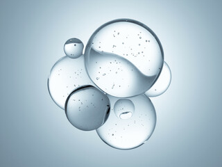 Macro glossy bubble water hydration skincare background, 3d rendering