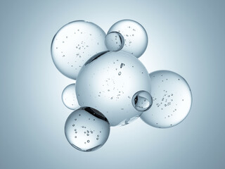 Macro glossy bubble water hydration skincare background, 3d rendering