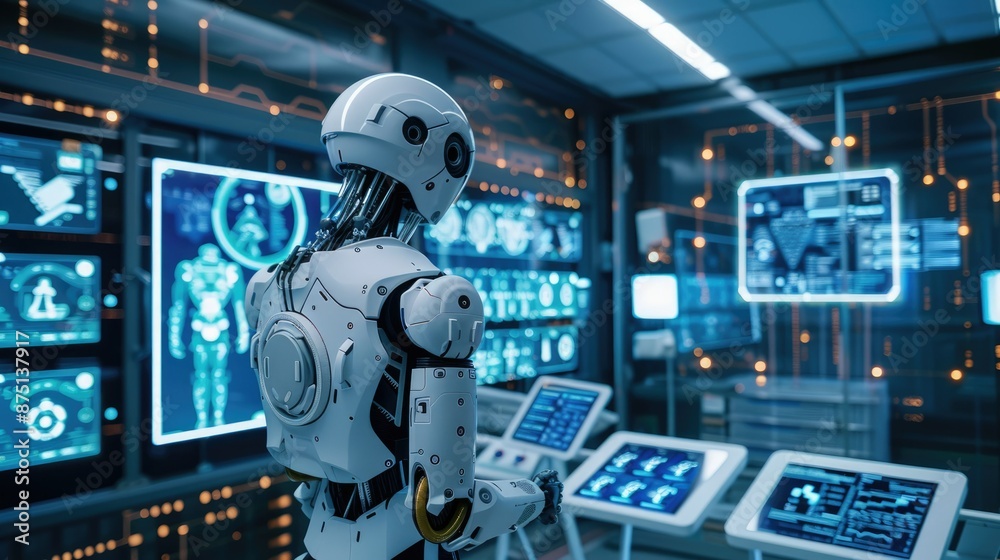 Poster futuristic cybersecurity command center featuring multiple screens, data analytics, and world map in