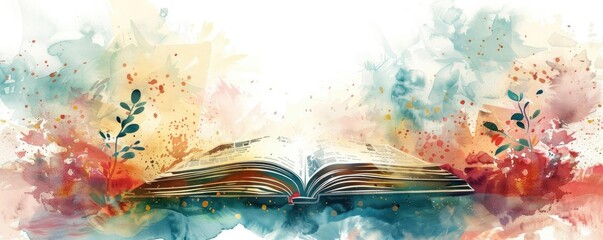 Open book with colorful watercolor splashes and floral elements, symbolizing creativity and imagination.