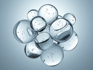 Macro glossy bubble water hydration skincare background, 3d rendering