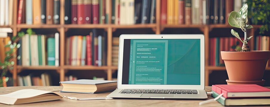 Open laptop with code on screen beside books and plant on a wooden desk in a library, symbolizing programming, coding, and study environment.