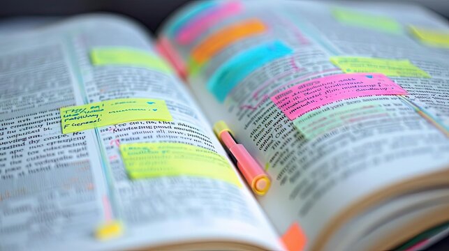 Open book highlighted with colorful sticky notes and pen, indicating study tips and annotations for learning and research.