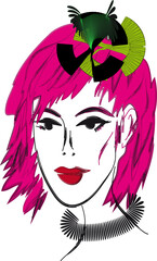 Model in fancy extravagant hat. Pink hair