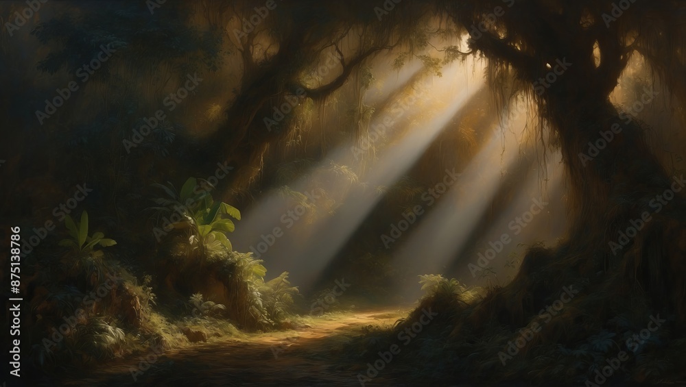 Poster Sunlight streams through the dense foliage of a rainforest, illuminating the forest floor