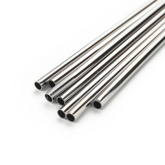 Shiny stainless steel pipes arranged together, isolated on a white background, showcasing their polished and reflective surfaces.