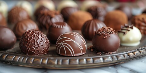Close-up of assorted gourmet chocolates arranged beautifully on a platter to celebrate World Chocolate Day.Chocolate Day, Dessert, Holiday, Valentine's Day, Promotion