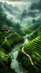 Obraz premium Misty Mountain Landscape with Terraced Rice Fields and Winding Roads in Sapa Vietnam
