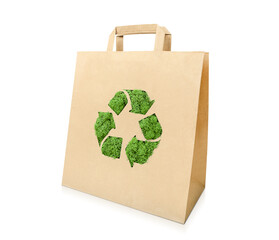 one paper bag with green recycling sign on isolated white background