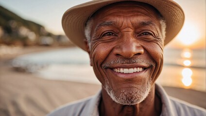 Fototapeta premium Smiling elderly black man with a hat enjoying the beach at sunset, exuding warmth and happiness with the serene seaside background and golden light.