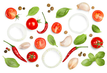 collection of cherry tomato, chili pepper, onion, garlic, basil, peppercorns, on a white isolated background