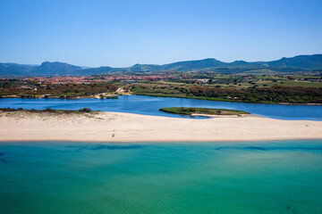Drone aerial view of San Pietro a Mare wild beach coast in Sardinia, Italy
