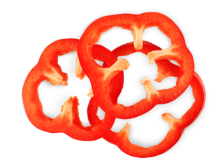 sliced rings red bell pepper on an isolated white  background,top view