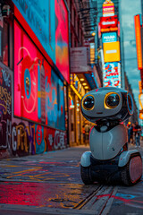 Obraz premium Cute Robot Exploring a Neon-Lit Urban Street