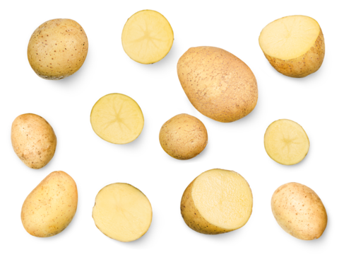 whole and half potatoes on isolated white background