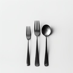 Minimalist photo of cutlery set with two forks and a spoon on a white background, ideal for kitchen and dining themes.