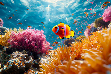 Vibrant Coral Reef with Clownfish and Colorful Marine Life