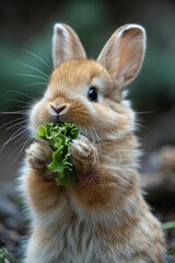 Obraz premium A fluffy bunny savoring a piece of crisp lettuce,