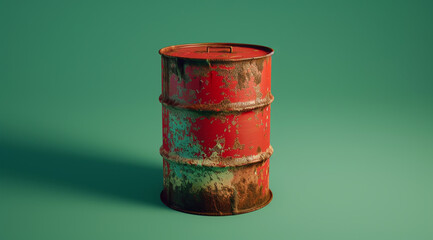 Fototapeta premium A realistic, high-quality photo of an old red oil drum on a Green background isometric view. The texture is slightly worn and the paint has yellowed over time