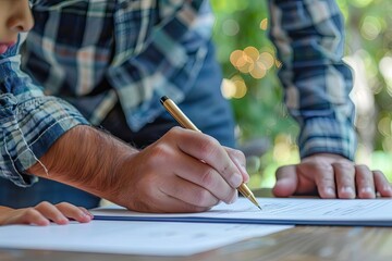 Close-up of a person writing with a gold pen on paper while another person stands beside them, both hands visible. Casual plaid shirts and outdoor setting.