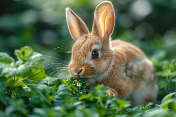 Fototapeta premium A bunny delighting in a handful of fresh herbs,