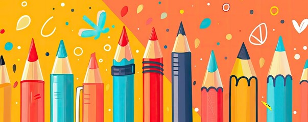 Colorful row of pencils on a vibrant background, perfect for educational or artistic themes, evoking creativity and inspiration.