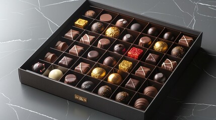A mesmerizing array of assorted chocolates, elegantly arranged in a box, showcasing a variety of flavors and textures, perfect for celebrating World Chocolate Day.