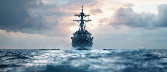 A powerful destroyer patrolling the ocean, featuring advanced radar and missile systems for superior maritime security and protection with copy space