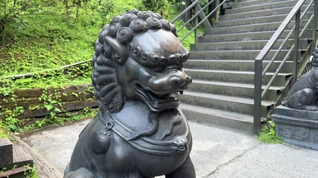 Majestic Chinese Stone Guardian Lion, Ancient Fu Dog Sculpture in Shifen, Taiwan