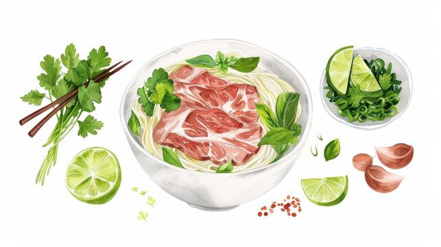 A refreshing watercolor illustration of beef pho