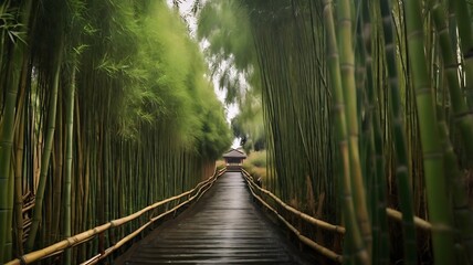 Obraz premium person walking through the bamboo forest