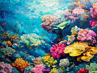Naklejka premium Colorful Coral Reef TeemingMarine Life in Vibrant Underwater Ecosystem