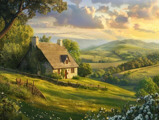 A Peaceful Countryside LandscapeRolling Hills and Tranquil Atmosphere.