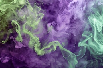 Fototapeta premium Swirling purple and green smoke streams combine, generating a vibrant, dusty abstract scene..