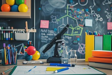 Classroom setting with microscope and scientific tools on desk, colorful folders, and chalkboard showing chemical structures.
