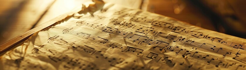 Vintage sheet music illuminated by warm, soft light creating a nostalgic and artistic atmosphere. Perfect for music and vintage-themed projects.