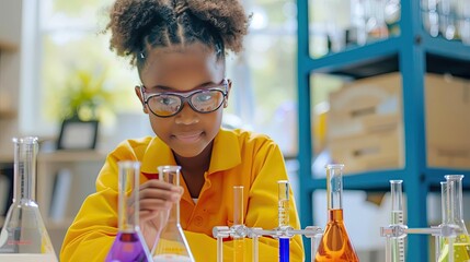 Young girl conducting a science experiment in a classroom, using colorful liquids in test tubes with a focused expression. Education and discovery.